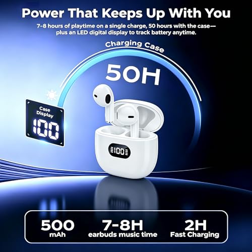 Wireless Earbuds,Bluetooth 5.4 Headphones with LED Display, Stereo Sound Clear Call,IPX7 Waterproof Bluetooth Earbuds with 50h Battery Last,ENC Noise Cancelling in Ear Earphones