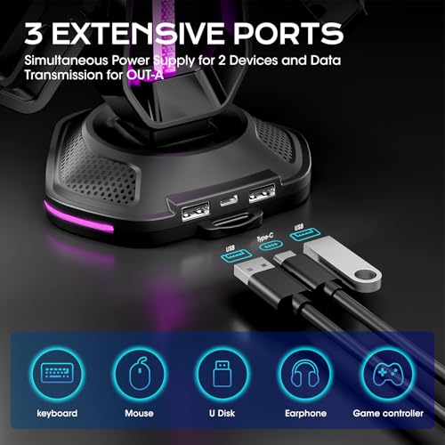 Saitake RGB Controller Stand, Gaming Controller Holder with 9 Light Modes, 2 USB Charging Ports, Headset Stand, Desk Organizer for Xbox PS5 PS4 Switch PC, 4 Controllers & 1 Headphone (Black) - color: Black