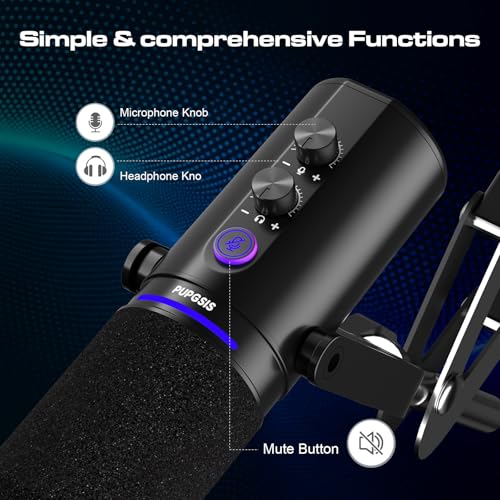 PUPGSIS Recording PC Microphone, Podcast Dynamic Mic with Mute Button, Reverb Effects, Headphones Jack, Desktop Stand, USB-C & XLR Outputs, USB Mic for Gaming, Streaming, Vocal, Voice-Over, Black