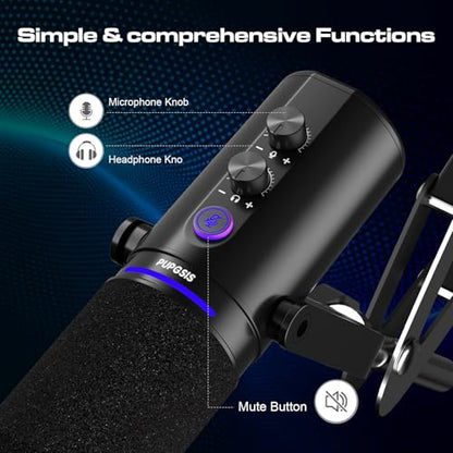 PUPGSIS Recording PC Microphone, Podcast Dynamic Mic with Mute Button, Reverb Effects, Headphones Jack, Desktop Stand, USB-C & XLR Outputs, USB Mic for Gaming, Streaming, Vocal, Voice-Over, Black