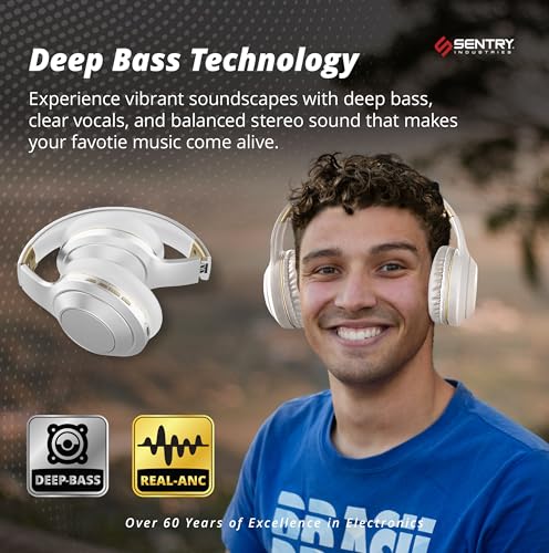 SENTRY OSH Over Ear Bluetooth Wireless Headphones, Active Noise Canceling -20dB Reduction, 22 Hour Battery Life, Control Buttons, Built in Microphone, USB C Charging and Carrying Case Included (White) - color: White
