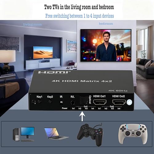 4K 4x2 HDMI Matrix Switch with 3.5mm Stereo Audio Extractor and Audio Optic Output, 4 in 2 Out Video Switcher&Splitter, Support HDMI 2.0 4K@60Hz