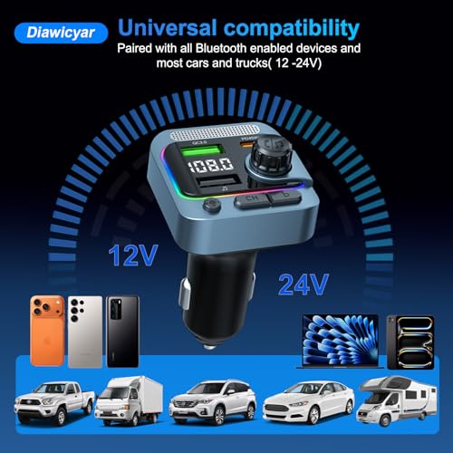 63W FM Transmitter Bluetooth Car Adapter, Wireless FM Bluetooth Transmitter | [PD 45W & QC3.0] Fast Charge, Deep Bass Player, Hands-Free Calling, Blue - color: Blue