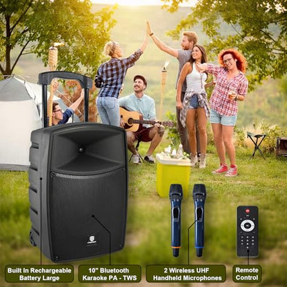 Proreck Freedom 10 500W 10'' Rechargeable Wireless Speaker with 2 Wireless Microphones, Portable PA System with Bluetooth/USB Drive Read/SD Card Reader/FM/Remote for Events, Karaoke, Outdoor - size: 10 inch