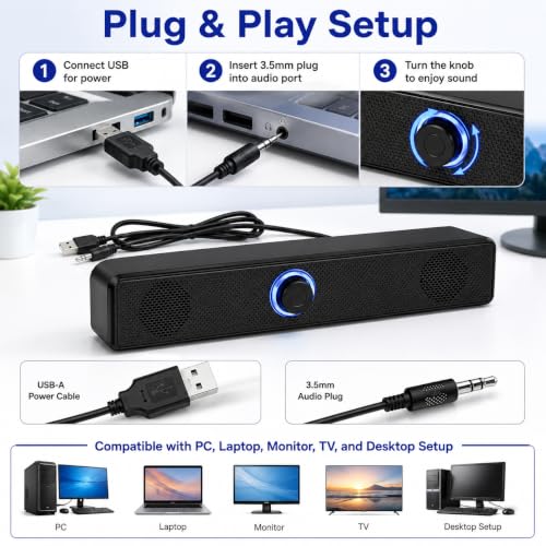 Computer Speakers USB-A Powered Wired Stereo Desktop Speakers with 3.5mm Aux Plug No Bluetooth for PC Laptop 2026, Black - color: Black