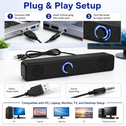 Computer Speakers USB-A Powered Wired Stereo Desktop Speakers with 3.5mm Aux Plug No Bluetooth for PC Laptop 2026, Black - color: Black