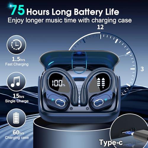 3 Sets Wireless Earbuds Sport, Bluetooth 5.4 Over Ear Buds Stereo Deep Bass Over Ear Bud with Earhooks, 75H Wireless Earphones with Mic, IPX7 Waterproof Earphone for Sports Blue+Rose Gold+white