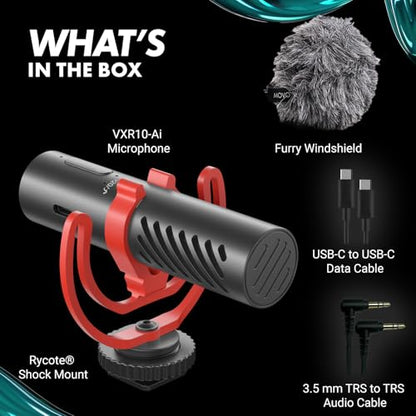 Movo VXR10-AI Shotgun Microphone with AI Noise Cancellation - Camera Microphone for DSLR, Smartphone & Computer - Supercardioid On-Camera Mic with 3.5mm & USB-C Cables