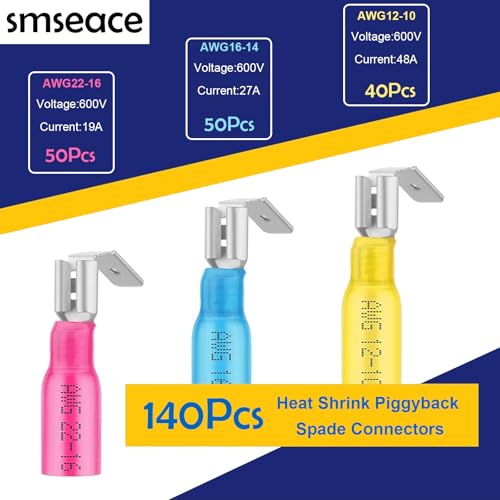 smseaces 140Pcs Heat Shrink Piggy Back Spade Connectors 22-10AWG 6.3mm(1/4") Piggyback Wire Connectors for Automotive,Audio Systems,Household Appliances Double Spade Connector - style: Heat Shrink Connectors