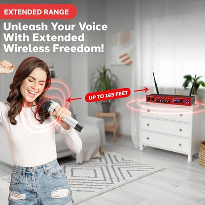 Pyle UHF Wireless Microphone System, Bluetooth, Handheld Mics, Receiver Base, Selectable Frequency, Karaoke, Professional Use, Battery Operated, 165 ft Range, Echo Control, Includes Cables - color: Red