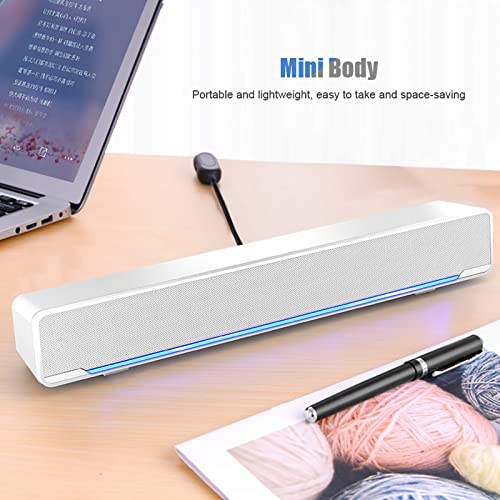 Estink PC Soundbar, Plastic USB Wired Stereo Soundbar Music Player Bass Surround Sound Box with 3.5mm Input for Desktop Laptop Tablet PC Smartphones, 12.6 x 2.5 x 2.7inch (White) - color: White