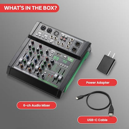 Pyle 6 Channel Audio Mixer - 2 XLR Combo Mic Inputs, Bluetooth Studio Mixer/DJ Controller with DSP Digital Effects, USB-A In with MP3 Player, PC Recording, LED Level Meter, Smooth Dials and Faders - style: 6 Channel