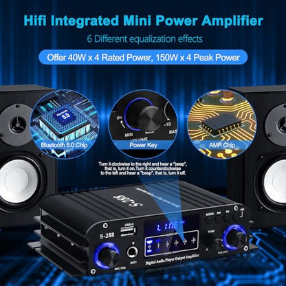 Stereo Audio Amplifier for Home Speakers S-288 Bluetooth 5.0 HiFi Mini Amp | Audio Component Amplifiers Receiver 4.0CH RMS 40Wx4 Max. 600W Integrated Power Amp W/USB,FM,Adapter - color: S-288(4.0CH 40W*4 RMS)