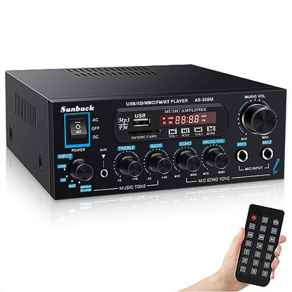 Sunbuck Small Amplifier, 400Wx2 Stereo Receiver for Home Audio, Optical/Coaxial Jacks for TV/CD/DVD/LP/PC, Support 192kHz Audio, Bluetooth Amplifier with RCA/USB/FM/AUX, Receiver for Speaker, AS-35BU