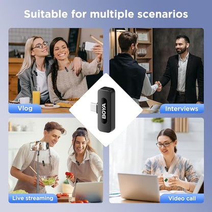BOYA BY-V20 USB-C Wireless Microphone for Android Type-C,iPhone 16/15,328FT Los Range,9H Battery,Noise Reduction Mini Wireless Lavalier Lapel Mics for Interview YouTube TikTok(2TX+1RX) - style: BY-V20(2TX+RXU)