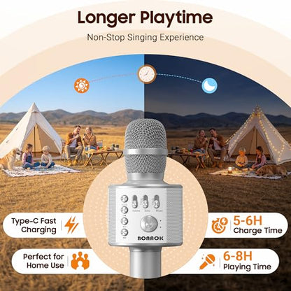 BONAOK Wireless Bluetooth Karaoke Microphone,3-in-1 Portable Handheld Mic Speaker for All Smartphones,Gifts for Kids Adults All Age Q37(Silver) - color: Silver