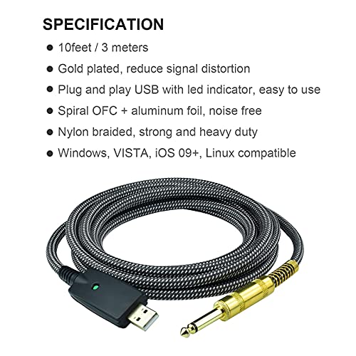 Guitar to USB Instrument Recording Cable, 10 Feet 1/4" TS Male to USB Guitar Cable, Nylon Braided, Gold Plated Plug, Noise Free, Plug and Play Connection, for Electric Guitar Bass Recording