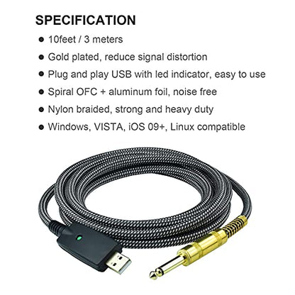 Guitar to USB Instrument Recording Cable, 10 Feet 1/4" TS Male to USB Guitar Cable, Nylon Braided, Gold Plated Plug, Noise Free, Plug and Play Connection, for Electric Guitar Bass Recording