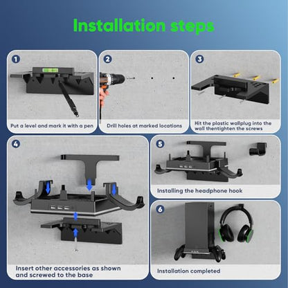 RGB Wall Mount for Xbox Series X -Sturdy Shelf Holder Load Up 10Kg | Integrated Ventilation, RGB Light, 3 USB Port, Prevent Falling, 2 Holder, Headphone Stand & Dust Cover Kit - Wall