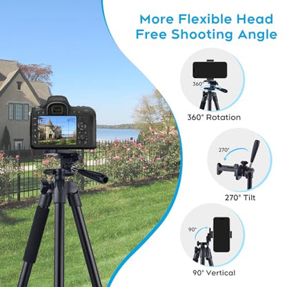 LINKCOOL 160cm/63 Adjustable Phone Tripod, Lightweight Portable Stand with Remote Shutter for iPhone Samsung Smartphone & Camera