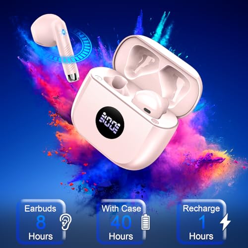 Jxrev Wireless Bluetooth 5.4 Earbuds, 6D Stereo Ear Buds, LED Power Display | Bluetooth Earbuds in-Ear Noise Cancelling Mic, 40H Playback, Mini Case, IP7 Waterproof Sports Earphones, for Android iOS - color: peach pink