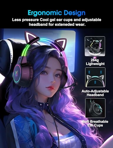 Lightweight Gaming Headset, RGB Lighting, Wired Over Ear Headphones with Mic for PC Laptop PS4 PS5 Switch, Stereo Surround Sound, Self-Adjusting Headband, Black Cat Ear - color: Black Cat Ear