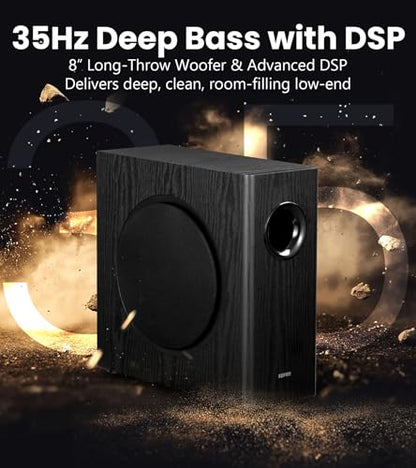 Edifier T5s Powered Subwoofer, 70W RMS, 8" Woofer, 35Hz Deep Bass, Black | Active Long-Throw Speaker, Built-in Amp, Low Distortion, Phase Selector & Energy-Efficient for Home & Studio Audio - color: Black