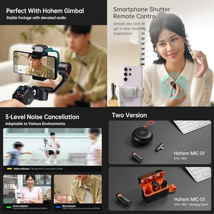 Hohem MIC-01 Wireless Lavalier Lapel Microphone for iOS,with DSP Noise Cancellation,MFi Certified,Remote Control,TF Card Slot,20H Run-Time Wireless Microphones for Smartphone/Camera/Laptop/Tablet - color: Black, style: 2TX+1RX+Charging Case for IOS