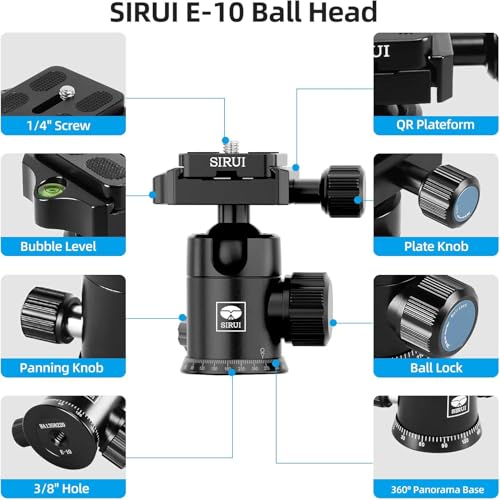 SIRUI Traveler 7C Camera Tripod 65.55 inches Carbon Fiber Arca Tripod with E-10 360° Panorama Ball Head and Arca Swiss Quick Release Plate Load Capacity Up to 17.6lbs, Convertible to Monopod | 17.6LB Load, Arca Swiss QR Plate, Converts To Monopod, DSLR, M