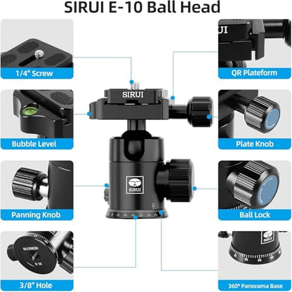 SIRUI Traveler 7C Camera Tripod 65.55 inches Carbon Fiber Arca Tripod with E-10 360° Panorama Ball Head and Arca Swiss Quick Release Plate Load Capacity Up to 17.6lbs, Convertible to Monopod | 17.6LB Load, Arca Swiss QR Plate, Converts To Monopod, DSLR, M