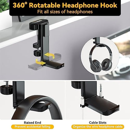 KDD Gaming RGB Headphones Stand & 4 in 1 Desk Cup Holder - Rotatable Headset Stand with 9 Light Modes - Clamp on Under Desk Headphone Hanger