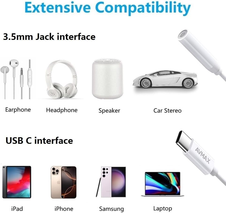 AVMAX USB C to 3.5mm Audio Headphone Adapter HiFi 2 Pack,Type c to Aux Female Cable for 16 15 Plus, S24 S23 S22 S21 S20 and More Type c Devices(Classic white2) - style: Classic White2