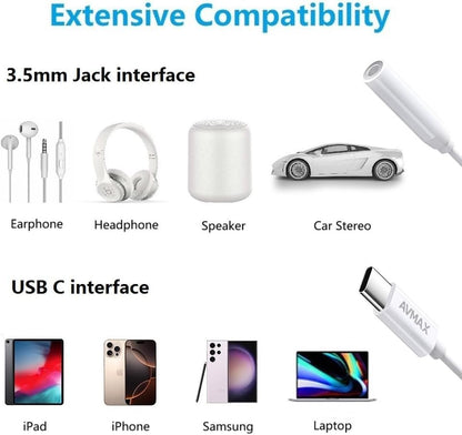 AVMAX USB C to 3.5mm Audio Headphone Adapter HiFi 2 Pack,Type c to Aux Female Cable for 16 15 Plus, S24 S23 S22 S21 S20 and More Type c Devices(Classic white2) - style: Classic White2