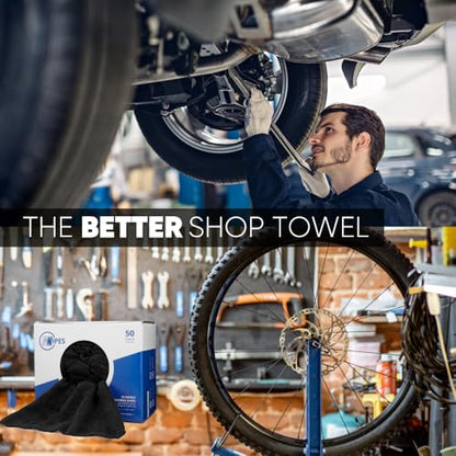 Black Microfiber Shop Towels | MWipes Reusable Shop Rags | 50 Rags in a Box | Super Absorbent, Machine Washable Hundreds of Times | Automotive, Paint, Industrial, Detailing - color: Black