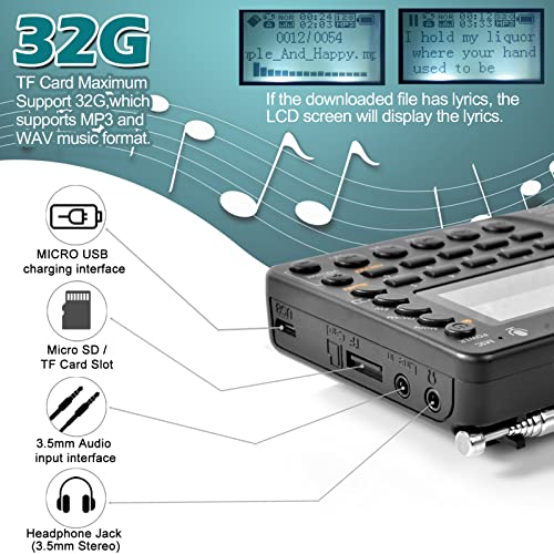 ZHIWHIS Portable Bluetooth Radio, FM AM Shortwave Radios with Sleep Timer and Preset Function, Rechargeable Digital Recorder, Stereo MP3 Player with Lyric Display, Support Micro SD Card and AUX - style: ZWS-603 (white backlight)