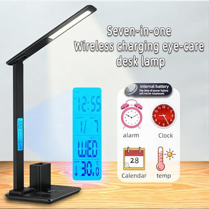 IHAO 7in1 Smart Desk Lamp with Wireless Charger & Digital Clock | 15W Fast Charging for Phone & Earbuds, Time/Date/Temp Display, Alarm, 3 Light Modes, USB Port, Detachable Pen Brush Pot-HYT1771 Black - color: Table Lamp with Brush Pot HYT1771 Black