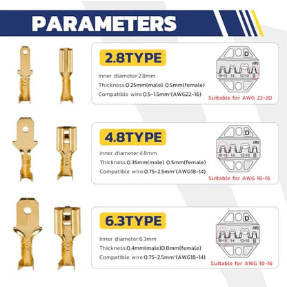 haisstronica 360 PCS Brass Open Barrel Spade Connector, 3 Widths | Dual-Crimp Wings for Wire and Insulation Grip, 2.8/4.8/6.3mm, Auto, Trailer and Marine Wiring, Speaker Wire Connectors - size: 360