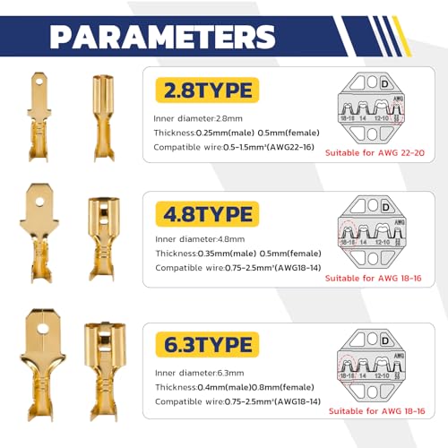 haisstronica 960 PCS Brass Open Barrel Spade Connector, 3 Widths | Dual-Crimp Wings for Wire and Insulation Grip, 2.8/4.8/6.3mm, Auto, Trailer and Marine Wiring, Speaker Wire Connectors - size: 960