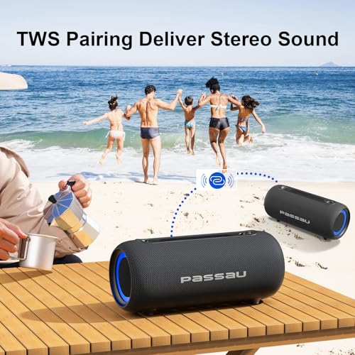 Passau Portable Bluetooth Speakers Loud 40W Peak Stereo Sound, Passive Radiators-Deep Bass, All Day Playtime, Adjustable Strap, BT5.3, IPX5 Wireless Speaker RGB Lights for Indoor Outdoor | TWS, RGB Light, Passive Radiator, Adjustable Strap, BT5.3 Recharge