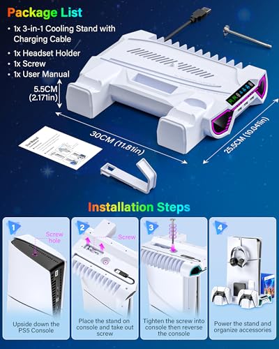 Cooling Station with Controller Charging Station for PS5/Slim/Pro Console | Cooling stand and Controller Charger Accessories for Playstation 5 - LED Light, Turbo Fan, Headset Holder, 3 USB Hub, White - color: White