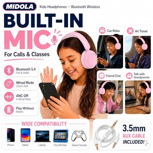 Kids Bluetooth Headphones Wireless,ANC, 68H,Safe Volume Limit 85/94dB Pink | Active Noise Cancelling,Adjustable Headband Foldable Over-Ear for Toddler Girls Boys Tablet/iPad,HD Stereo,Built-in Mic - color: Pink