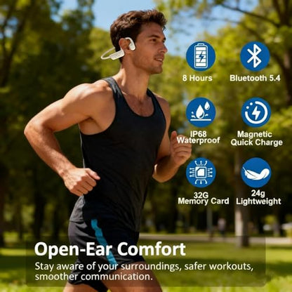 Swimming Headphones, IP68 Waterproof Bone Conduction Headphones, Bluetooth 6.0 &MP3 with32GB Memory Card, Skin Open Ear Swim Earbuds with Adjustable Headband for Swim Cap/Hat, Magnetic Charging(Beige)