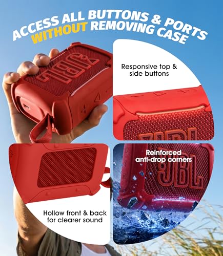 (3 in 1) Orzero Silicone Cover Compatible for JBL Go 5 Waterproof Bluetooth Speaker, Lanyard Dust Plug and Twist-Lock Carabiner for Camping Hiking (Red) - color: Red