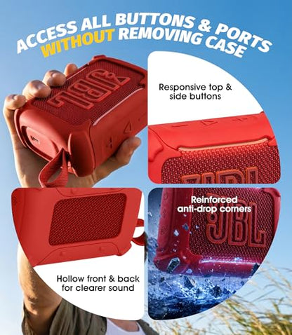 (3 in 1) Orzero Silicone Cover Compatible for JBL Go 5 Waterproof Bluetooth Speaker, Lanyard Dust Plug and Twist-Lock Carabiner for Camping Hiking (Red) - color: Red