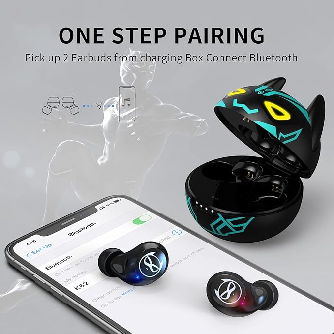 Kids Wireless Earbuds for Small Ears, Touch Control Headset Stereo Sound in-Ear Wireless Headphones, Bluetooth 5.0 Noise Reduction Earphones with Black Blue Cartoon Blinking EyesJE-08B_B87 - color: JE-08B_B87