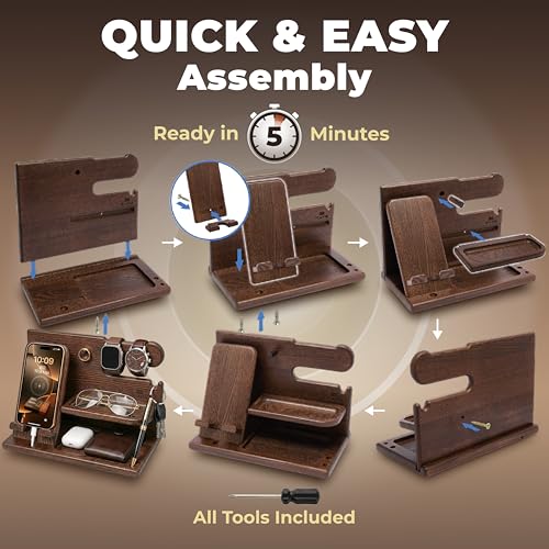 TESLYAR Wood Phone Docking Station for Men - Desk or Nightstand Organizer - Birthday Gifts for Husband, Dad - Anniversary Idea from Wife - Key Holder, Stand Wallet, Watch & Essentials (Bourbon Brown) | Mens Bedside Organiser with Key Holder, Wallet & Watc