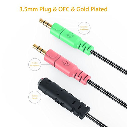Headset Adapter 3.3 Feet 3.5mm Audio Jack Y Cable Headphone Adapter | Braided CTIA 3.5mm TRRS Female to Dual 3.5mm TRS Male Audio Mic Headset Splitter Cable for Gaming Headset to Double-Jack PC - size: 1 Pack / 3.3 Feet
