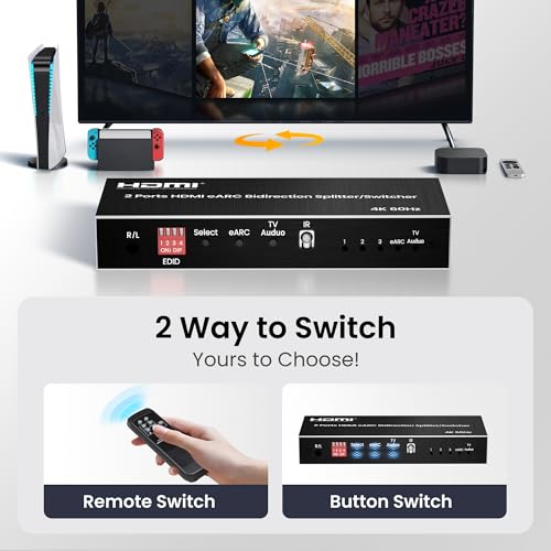 HDMI eARC Audio Extractor, HDMI Splitter 1x2, 4K@60Hz Switch 2 in 1 Out