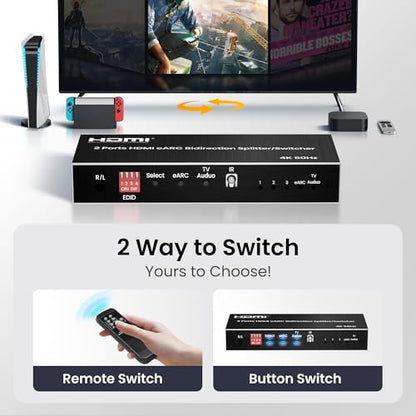 HDMI eARC Audio Extractor, HDMI Splitter 1x2, 4K@60Hz Switch 2 in 1 Out