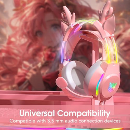 Gaming Headset with Microphone, Deer Ears Headphones for PC Laptop PS4 PS5 Xbox Switch, Rainbow RGB Lighting & Virtual Surround Sound, 3.5mm Over Ear Headphones, Ergonomic - color: Pink Deer Ear